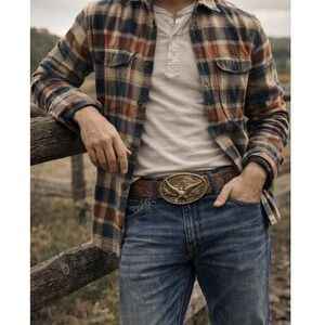 Vintage Solid Brass Eagle Belt Buckle ADM Award Design Medals 40" Leather Belt